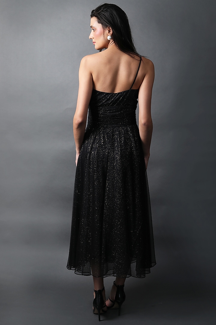 Black Swarovski Tulle One-Shoulder Vacation Dress by Swatee Singh at Pernia's Pop Up Shop