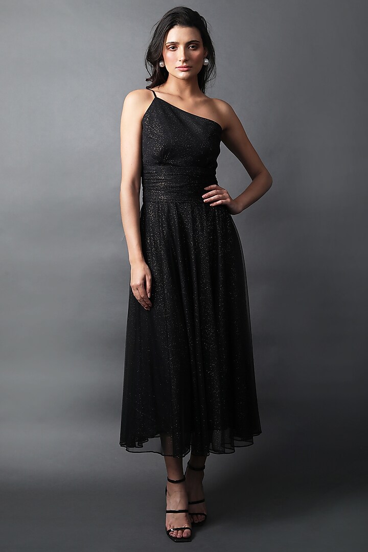 Black Swarovski Tulle One-Shoulder Vacation Dress by Swatee Singh at Pernia's Pop Up Shop