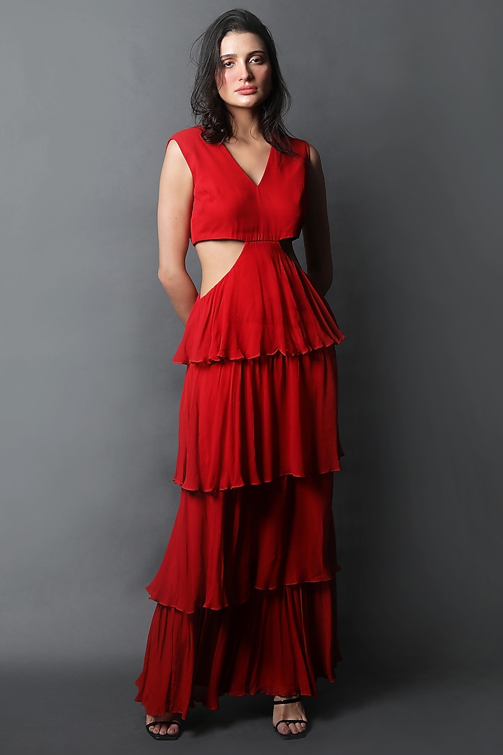 Red Georgette Tiered Dress by Swatee Singh