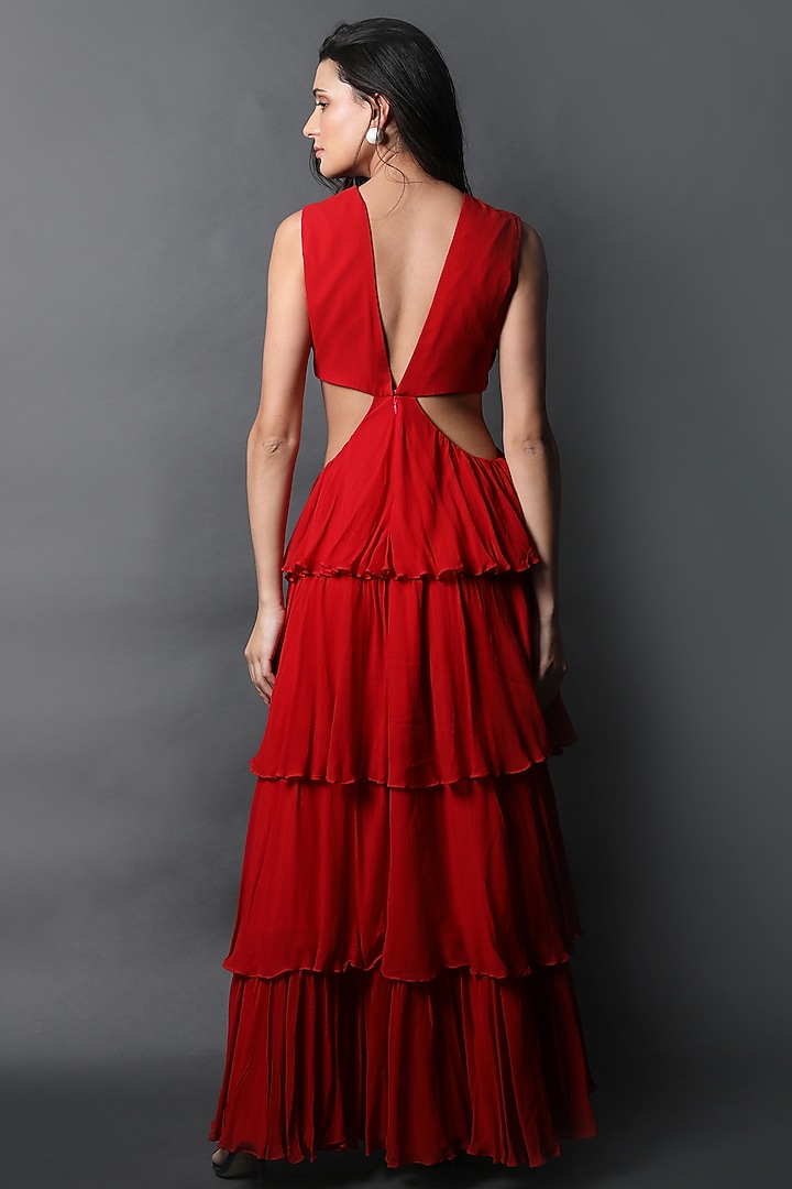 Red Georgette Tiered Vacation Dress by Swatee Singh at Pernia's Pop Up Shop