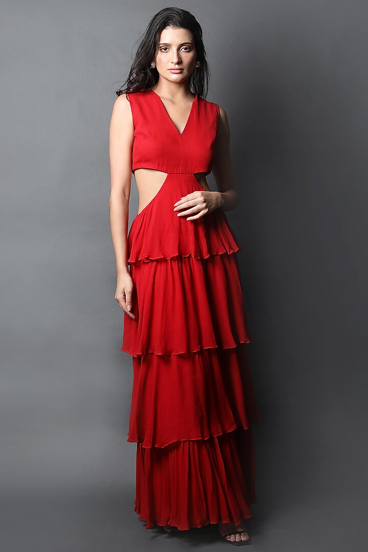 Red Georgette Tiered Vacation Dress by Swatee Singh at Pernia's Pop Up Shop