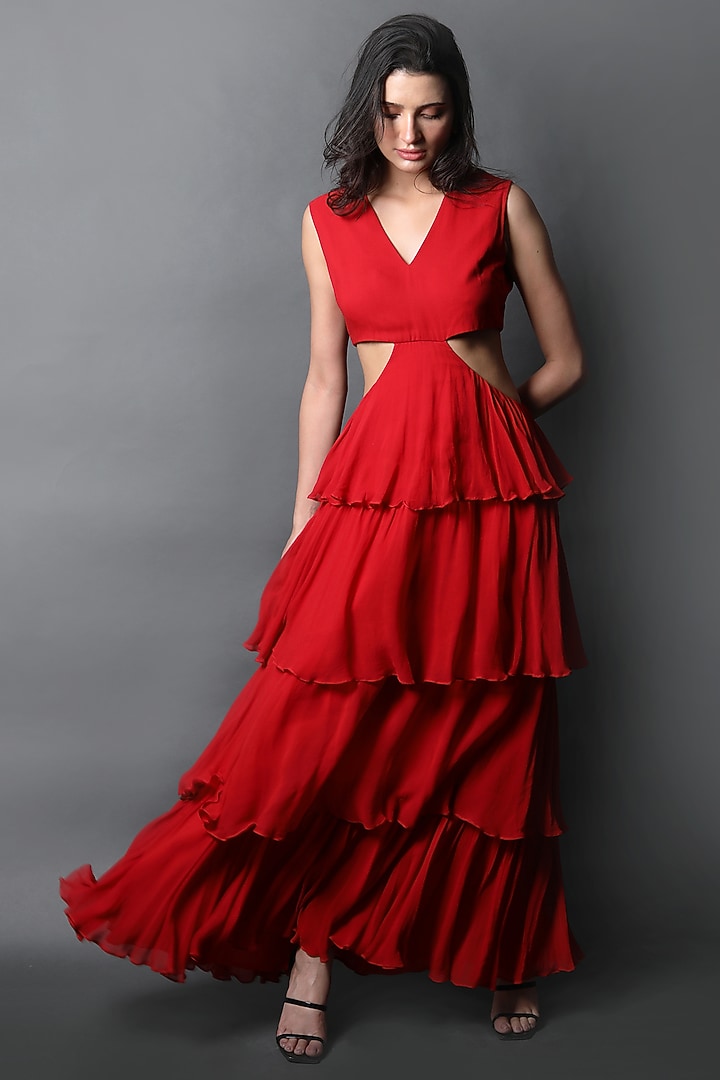 Red Georgette Tiered Vacation Dress by Swatee Singh at Pernia's Pop Up Shop