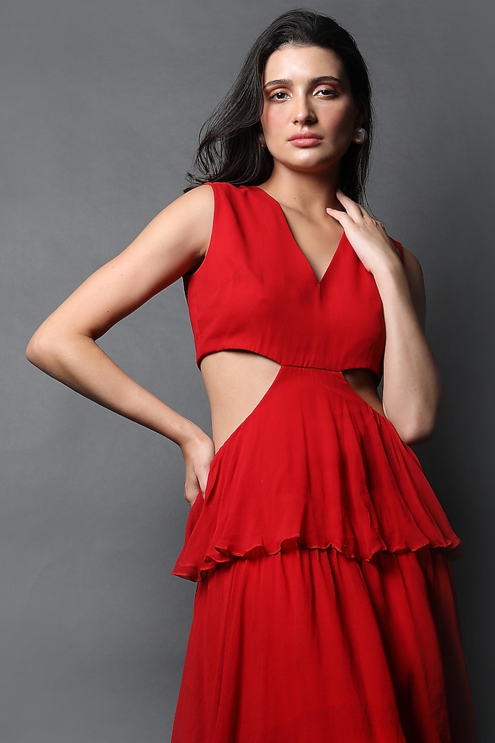 Red Georgette Tiered Vacation Dress by Swatee Singh at Pernia's Pop Up Shop