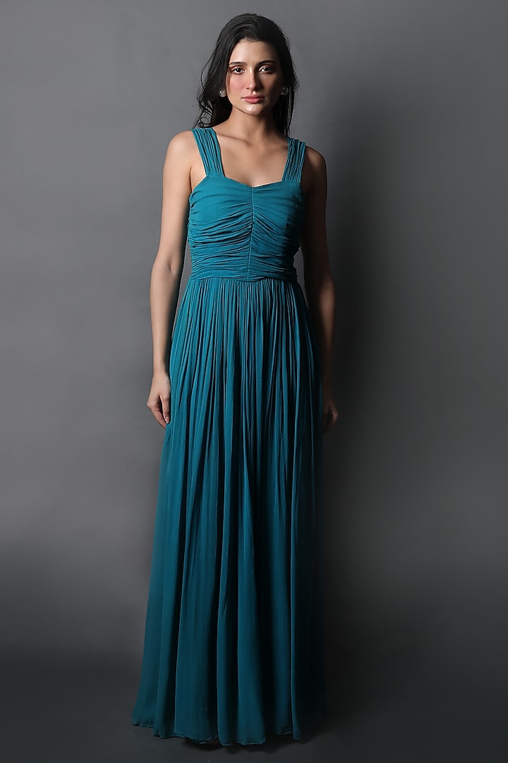 Jewel Blue Georgette Ruched Gown by Swatee Singh