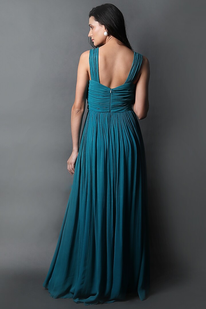 Jewel Blue Georgette Ruched Party Wear Gown by Swatee Singh at Pernia's Pop Up Shop