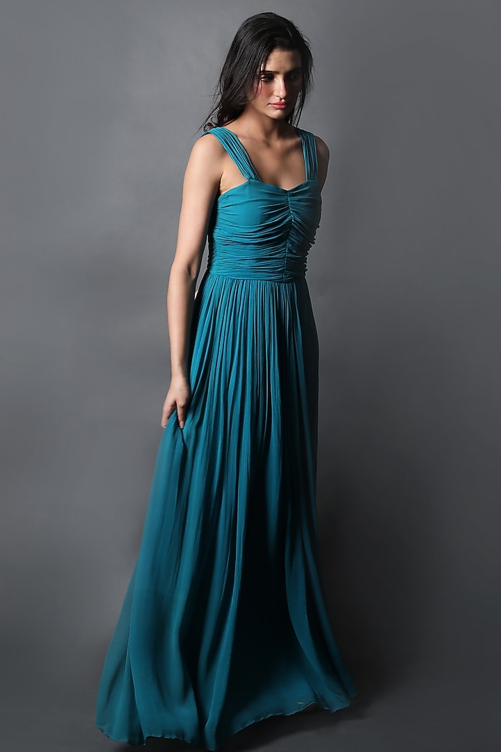 Jewel Blue Georgette Ruched Party Wear Gown by Swatee Singh at Pernia's Pop Up Shop