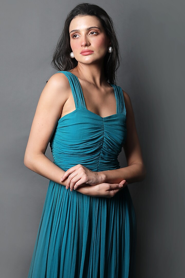 Jewel Blue Georgette Ruched Party Wear Gown by Swatee Singh at Pernia's Pop Up Shop