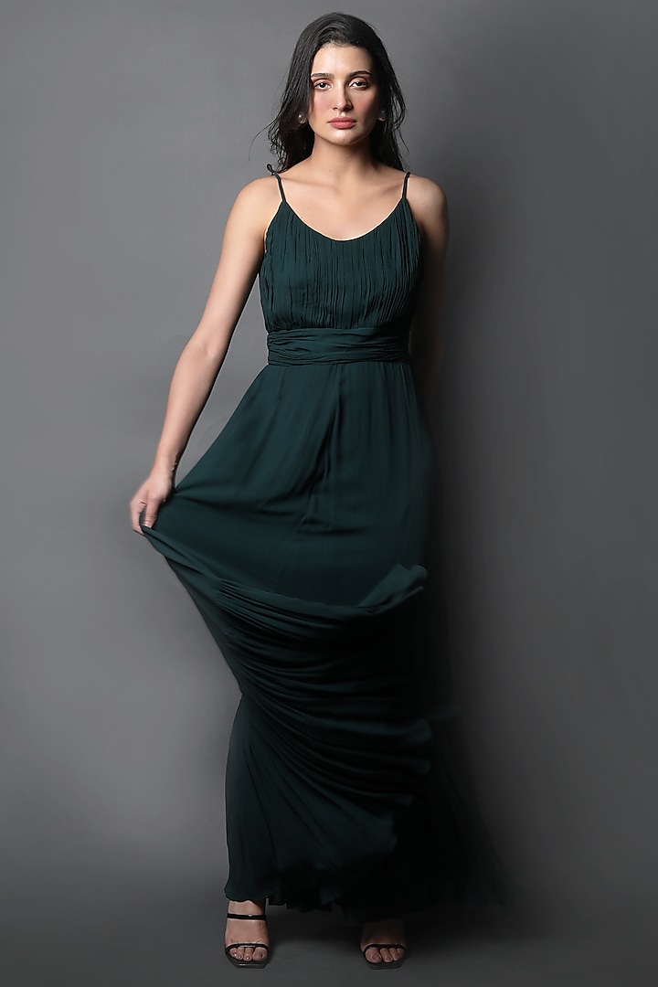 Forest Green Georgette Maxi Dress by Swatee Singh