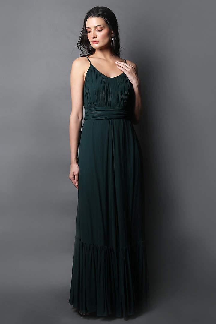 Forest Green Georgette Maxi Vacation Dress by Swatee Singh at Pernia's Pop Up Shop