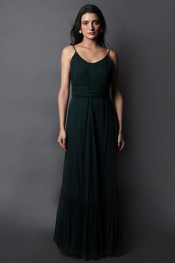 Forest Green Georgette Maxi Vacation Dress by Swatee Singh at Pernia's Pop Up Shop