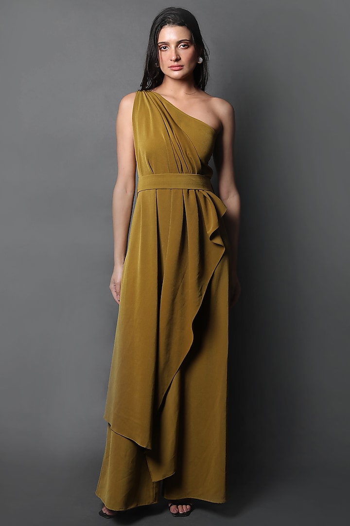 Olive Green Heavy Crepe Jumpsuit With Belt by Swatee Singh at Pernia's Pop Up Shop