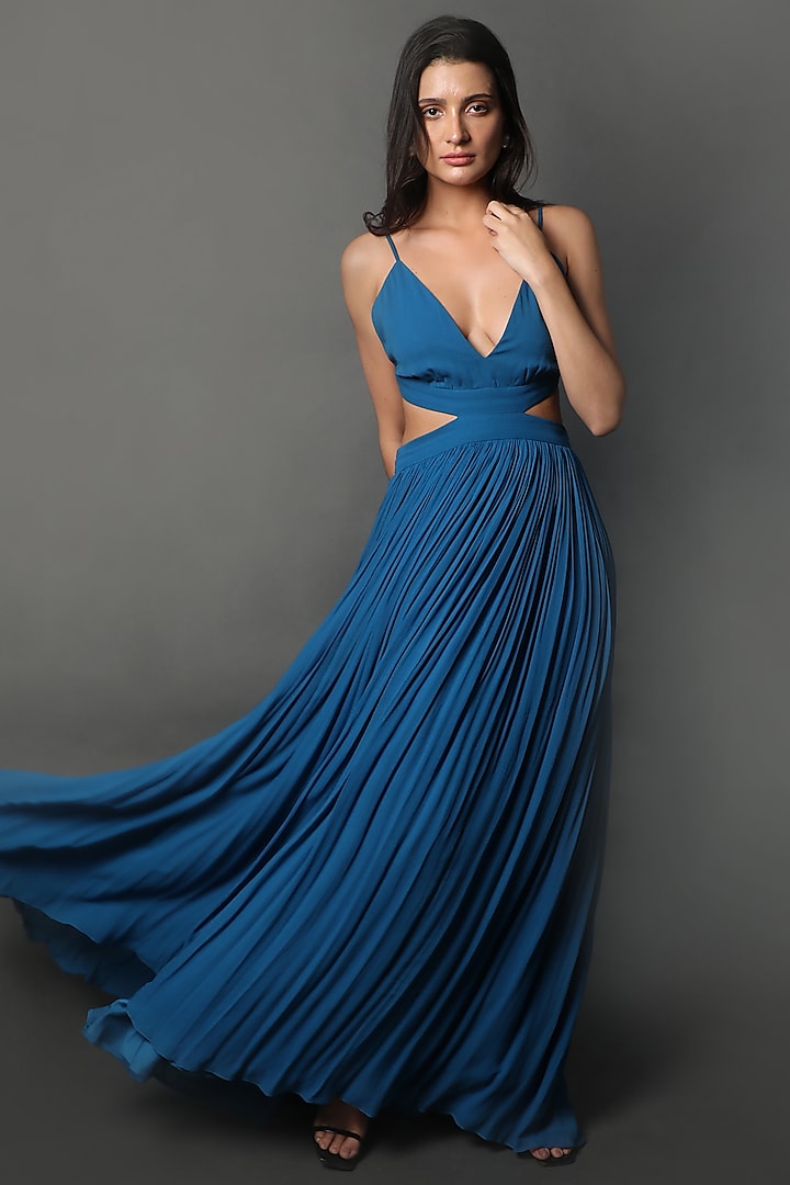 Cobalt Blue Georgette Gown by Swatee Singh