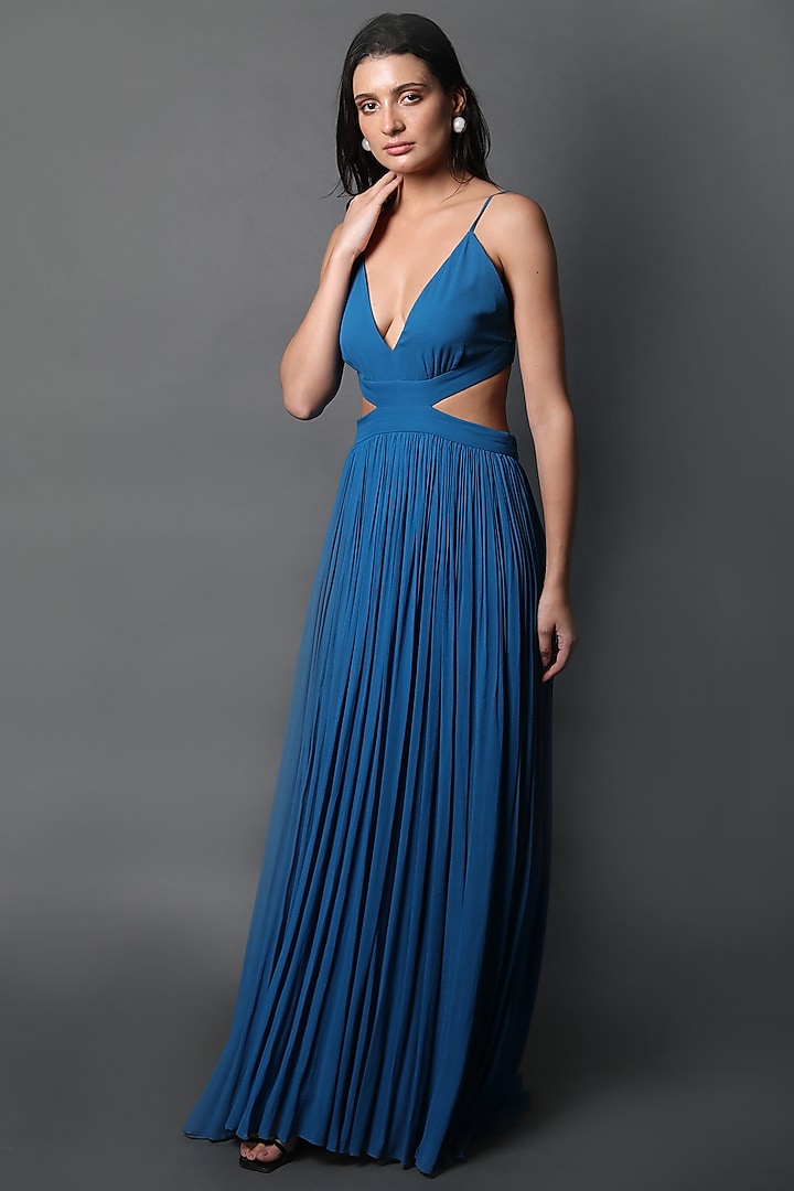 Cobalt Blue Georgette Party Wear Gown by Swatee Singh at Pernia's Pop Up Shop