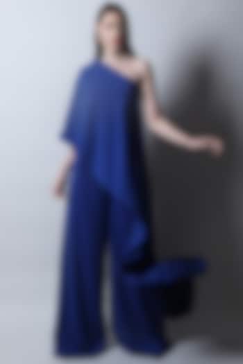 Blue One Shoulder Asymmetrical Jumpsuit by Swatee Singh