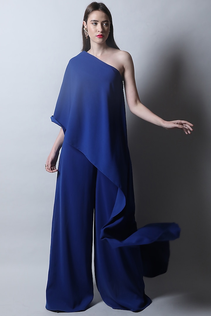 Blue One Shoulder Asymmetrical Jumpsuit by Swatee Singh