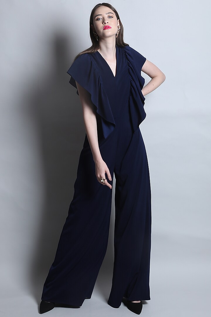 Navy Blue Jumpsuit With Ruffles by Swatee Singh