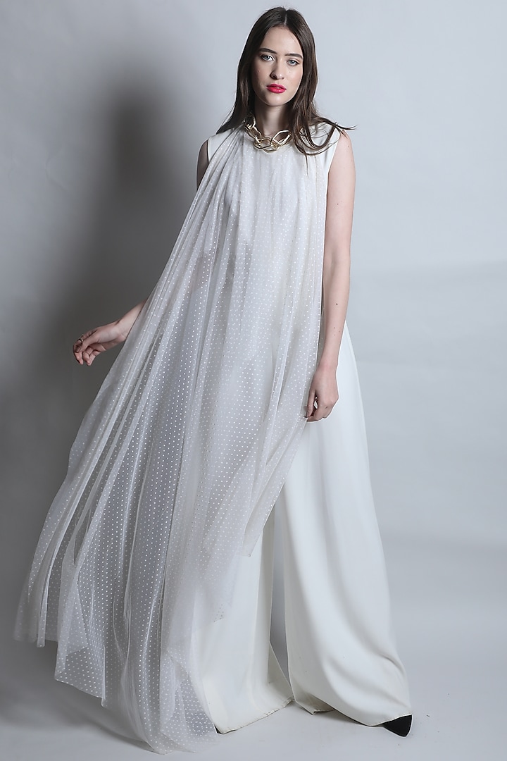 Ivory Asymmetrical Cape Jumpsuit by Swatee Singh