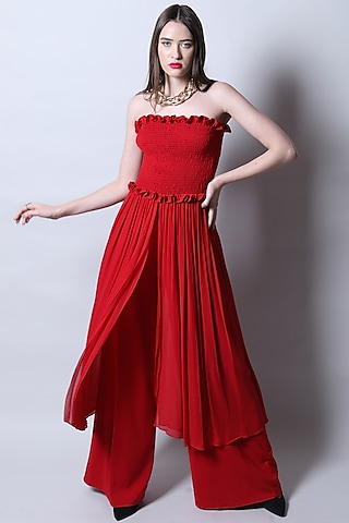 Red Draped Jumpsuit by Swatee Singh