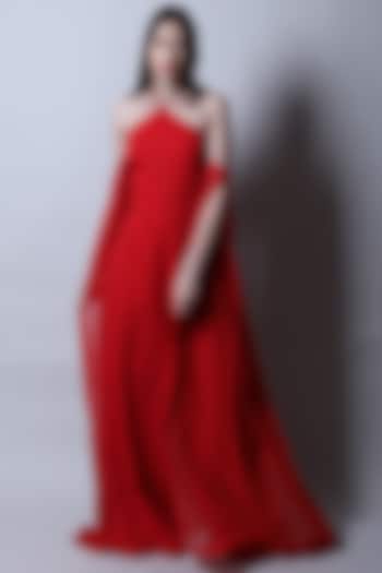 Red Cold-Shoulder Draped Jumpsuit by Swatee Singh
