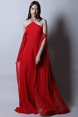 Red Cold-Shoulder Draped Jumpsuit by Swatee Singh