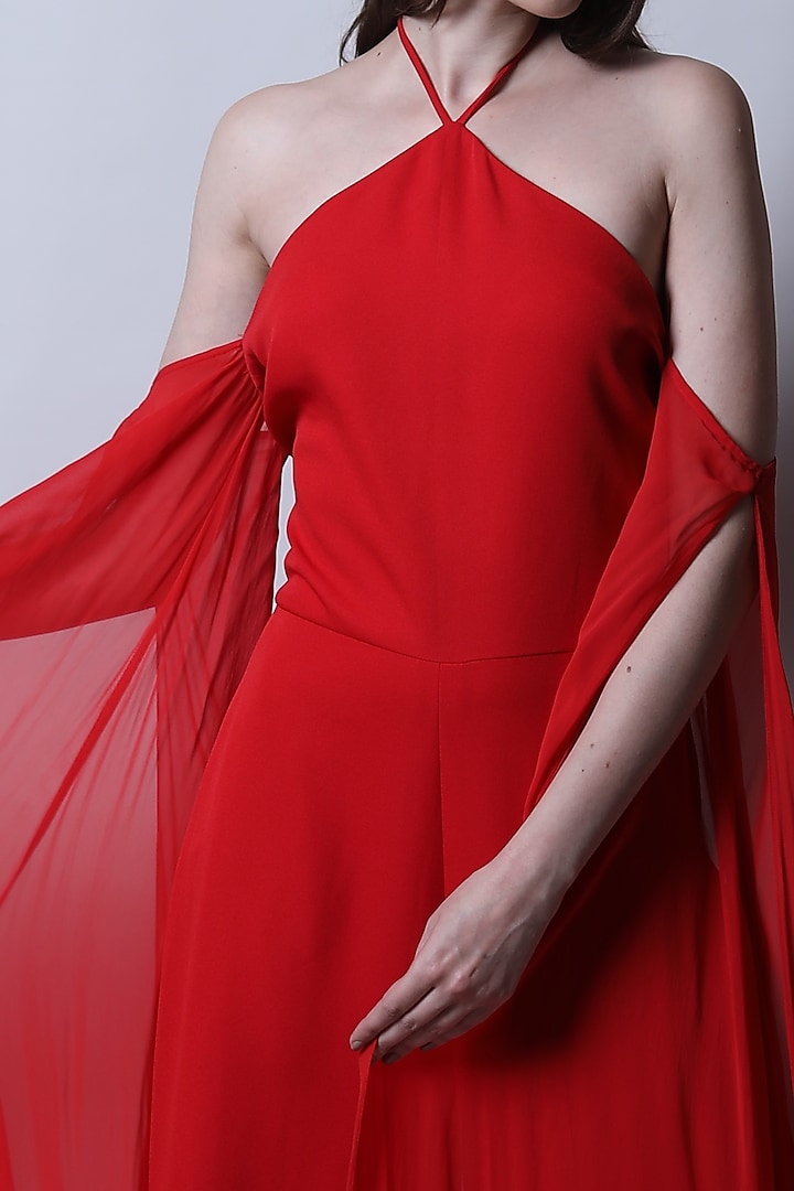Red Cold-Shoulder Draped Jumpsuit by Swatee Singh at Pernia's Pop Up Shop