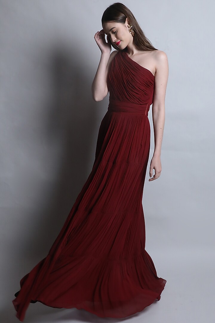 Maroon Georgette One Shoulder Gown by Swatee Singh at Pernia's Pop Up Shop