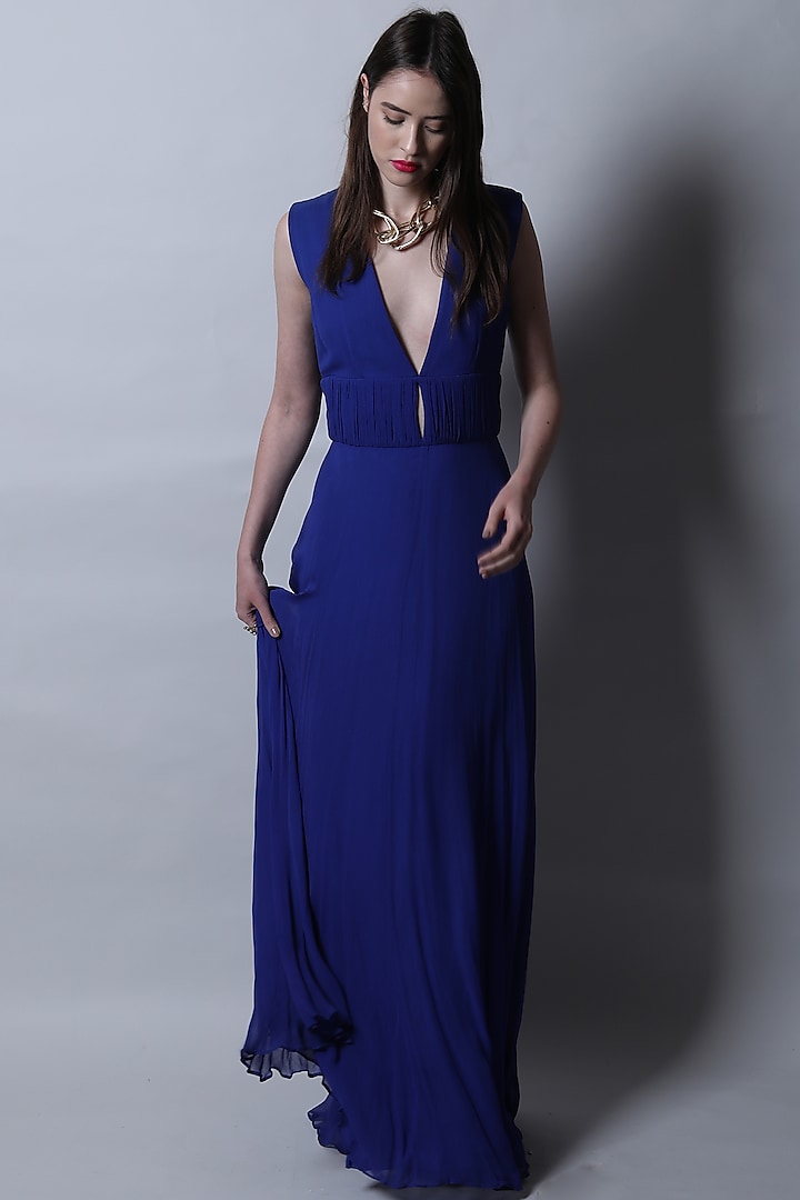 Blue Georgette Maxi Dress by Swatee Singh