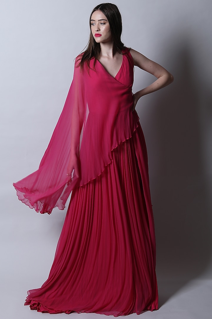 Pink Georgette Asymmetrical Gown by Swatee Singh