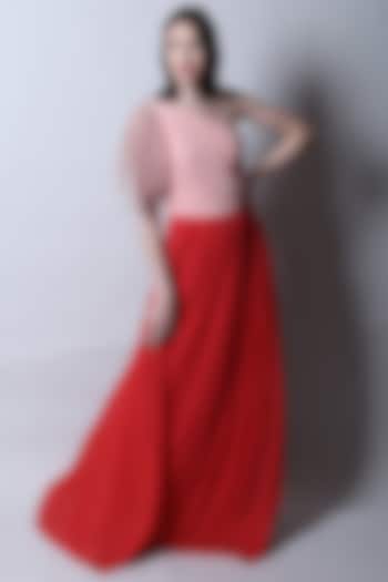 Pink & Red Georgette One Shoulder Gown by Swatee Singh