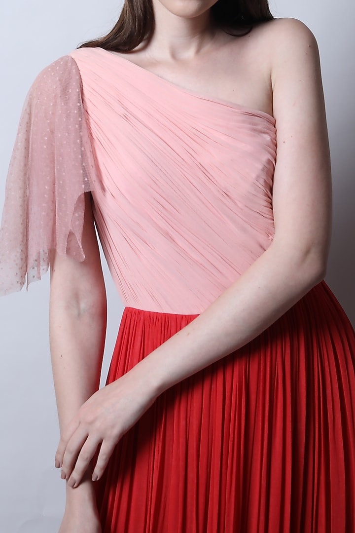 Pink & Red Georgette One Shoulder Gown by Swatee Singh at Pernia's Pop Up Shop