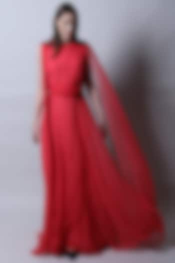 Red Georgette Maxi Dress by Swatee Singh