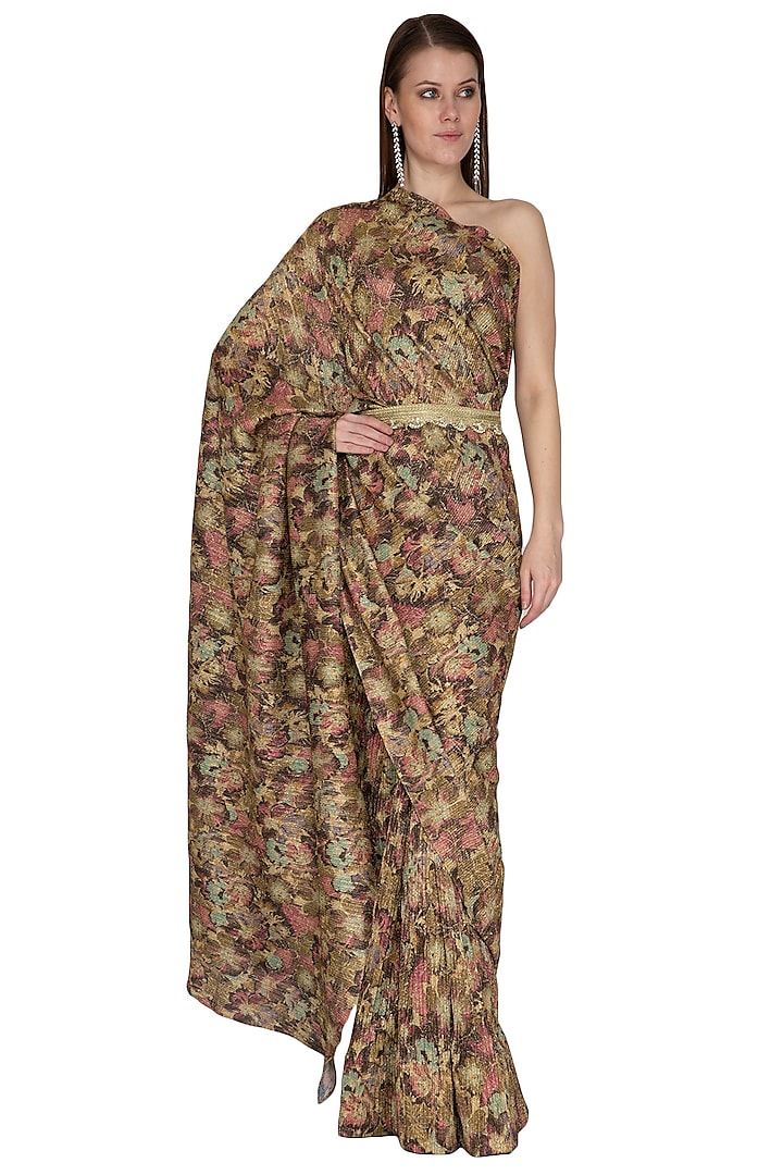 Olive Green Printed Saree Set With Belt by Swatee Singh