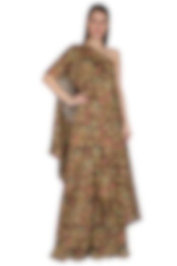 Olive Green Printed Cape Top With Pants by Swatee Singh