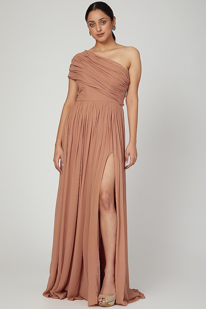 Nude Corset Gown With Extended Drape by Swatee Singh