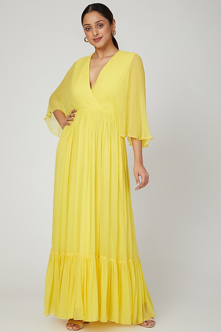 Yellow Dress With Flared Sleeves by Swatee Singh