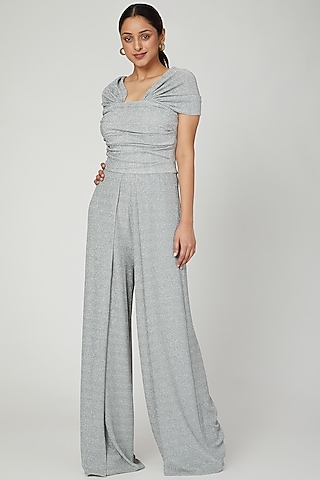 Silver One Shoulder Jumpsuit by Swatee Singh