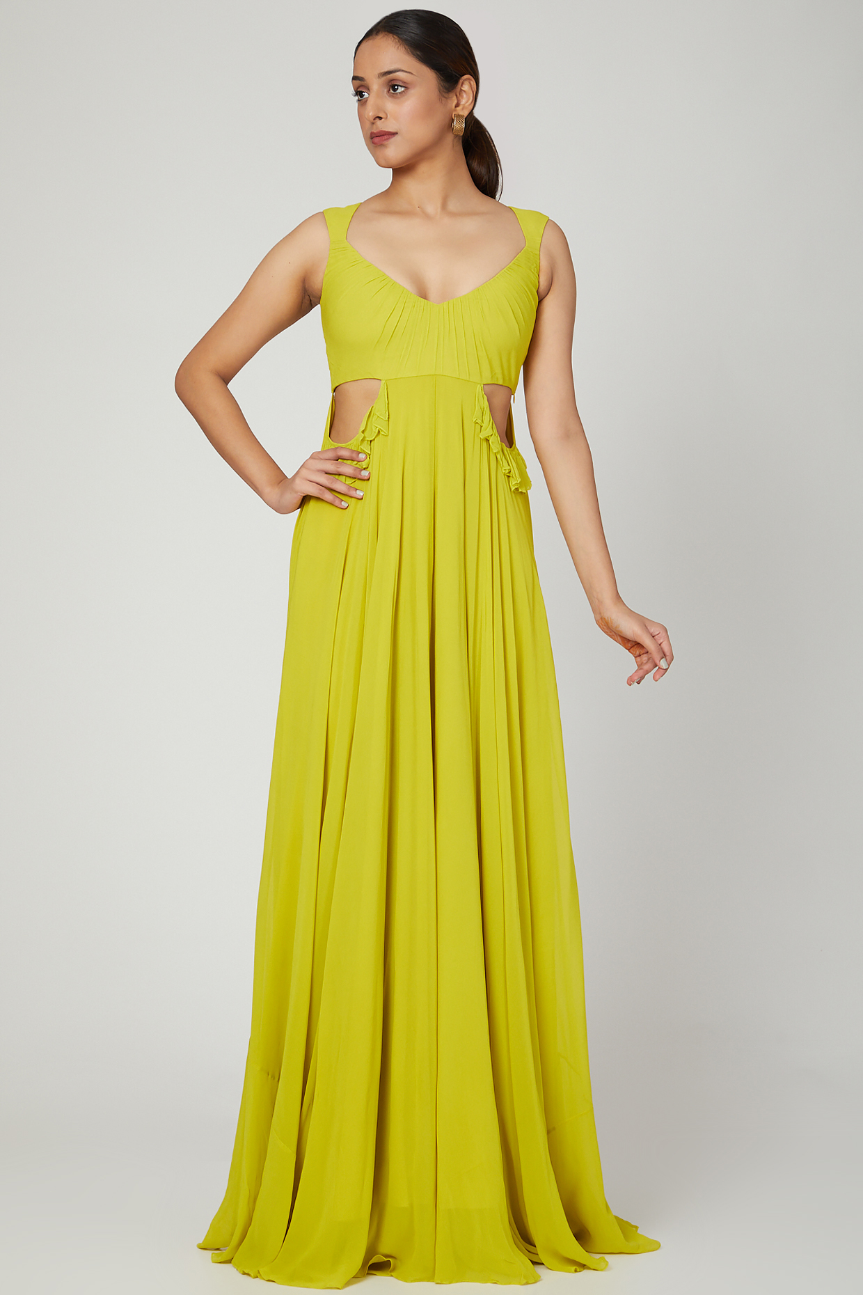 Lime Green Gown With Cut Outs by Swatee Singh at Pernia's Pop Up Shop