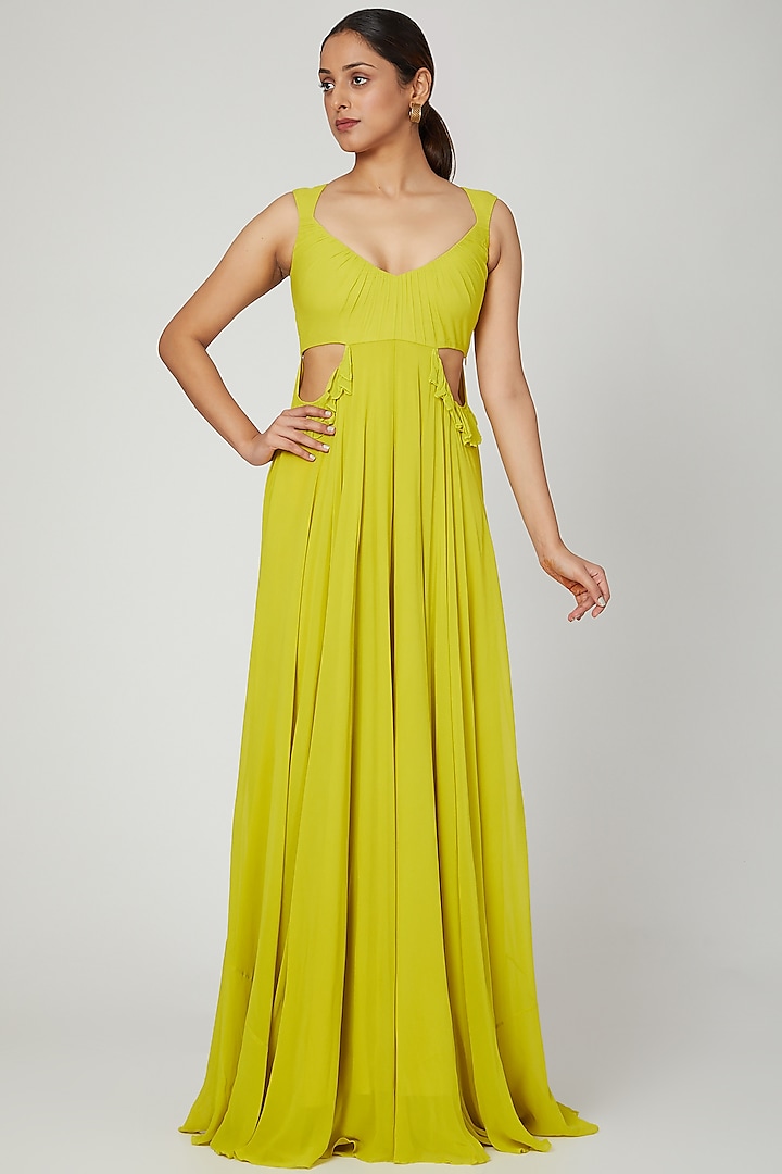 Lime Green Gown With Cut Outs by Swatee Singh