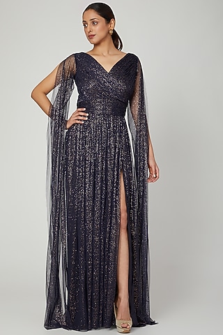 Cobalt Blue Gown With Slit by Swatee Singh