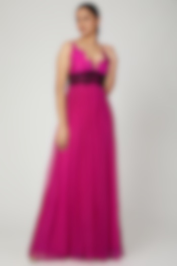 Fuchsia Gown With Lace Detailing by Swatee Singh