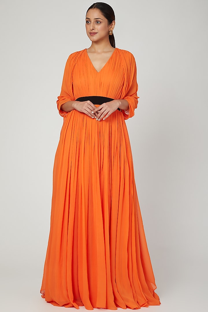 Orange Kaftan Draped Gown by Swatee Singh