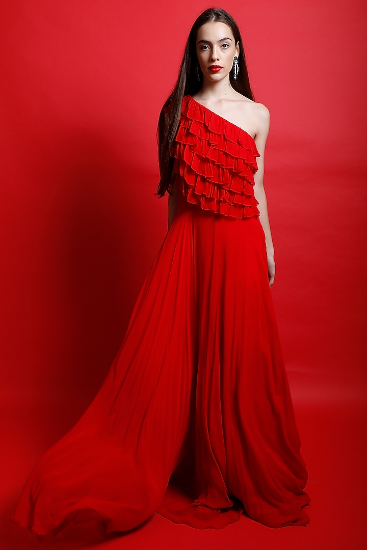 Candy Red One-Shoulder Gown by Swatee Singh