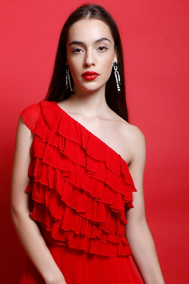 Candy Red One-Shoulder Gown by Swatee Singh at Pernia's Pop Up Shop