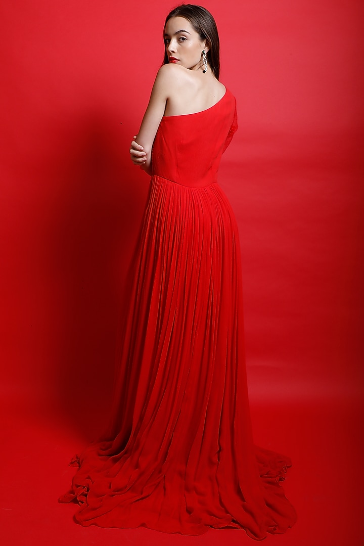 Candy Red One-Shoulder Ruched Gown by Swatee Singh at Pernia's Pop Up Shop
