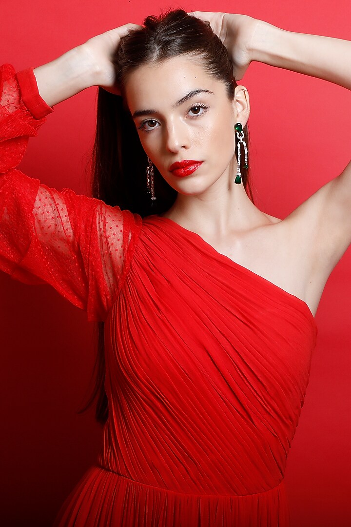 Candy Red One-Shoulder Ruched Gown by Swatee Singh at Pernia's Pop Up Shop