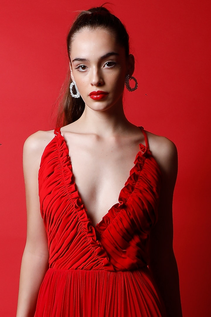 Candy Red Inverted Ruched Gown by Swatee Singh at Pernia's Pop Up Shop