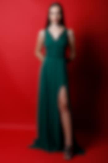 Emerald Green Ruched Gown by Swatee Singh at Pernia's Pop Up Shop