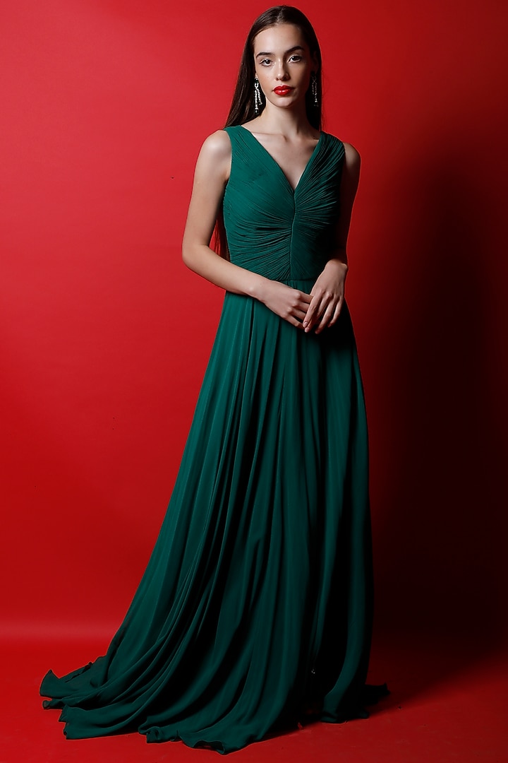 Emerald Green Ruched Gown by Swatee Singh at Pernia's Pop Up Shop