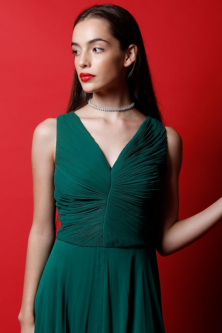 Emerald Green Ruched Gown by Swatee Singh at Pernia's Pop Up Shop