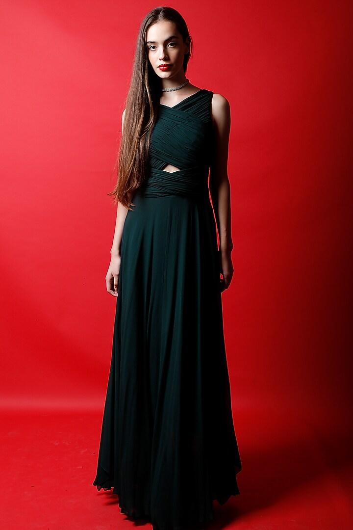 Moss Green Asymmetrical Maxi Vacation Dress by Swatee Singh at Pernia's Pop Up Shop